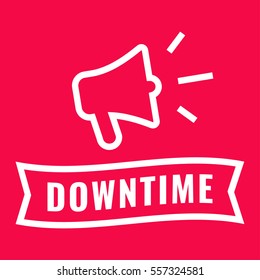 Downtime. Ribbon and megaphone icon. Flat vector illustration on red background.