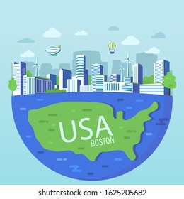 Downtown Boston.Skyline american city.Usa map.Green city concept.Cityscape with skyscrapers, solar panels, wind turbines.Isolated on a white background.