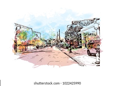 Downtown buildings with road of Atlanta City in Georgia, USA. Watercolor splash with Hand drawn sketch illustration in vector.