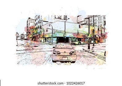 Downtown buildings with road of Atlanta City in Georgia, USA. Watercolor splash with Hand drawn sketch illustration in vector.