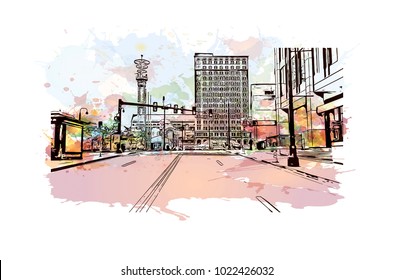 Downtown buildings with road of Atlanta City in Georgia, USA. Watercolor splash with Hand drawn sketch illustration in vector.