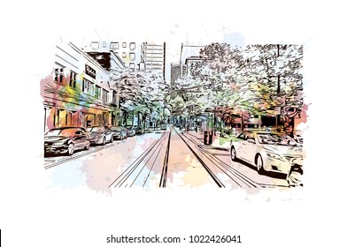 Downtown buildings with road of Atlanta City in Georgia, USA. Watercolor splash with Hand drawn sketch illustration in vector.