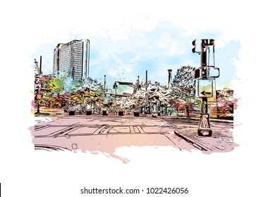 Downtown buildings with road of Atlanta City in Georgia, USA. Watercolor splash with Hand drawn sketch illustration in vector.