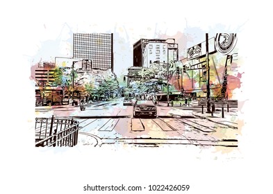Downtown buildings with road of Atlanta City in Georgia, USA. Watercolor splash with Hand drawn sketch illustration in vector.