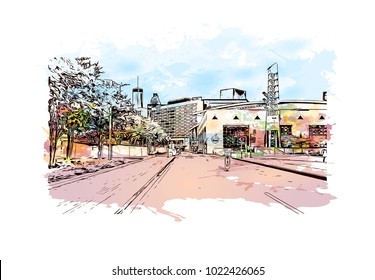 Downtown buildings with road of Atlanta City in Georgia, USA. Watercolor splash with Hand drawn sketch illustration in vector.