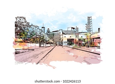 Downtown buildings with road of Atlanta City in Georgia, USA. Watercolor splash with Hand drawn sketch illustration in vector.