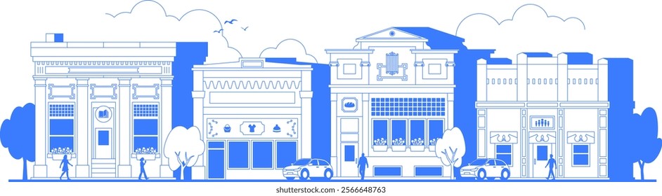 Downtown business outline illustration. City life one color blue line art. Town center street landscape. People, cars and buildings. Urban lifestyle scene. Cityscape panorama. Editable stroke.