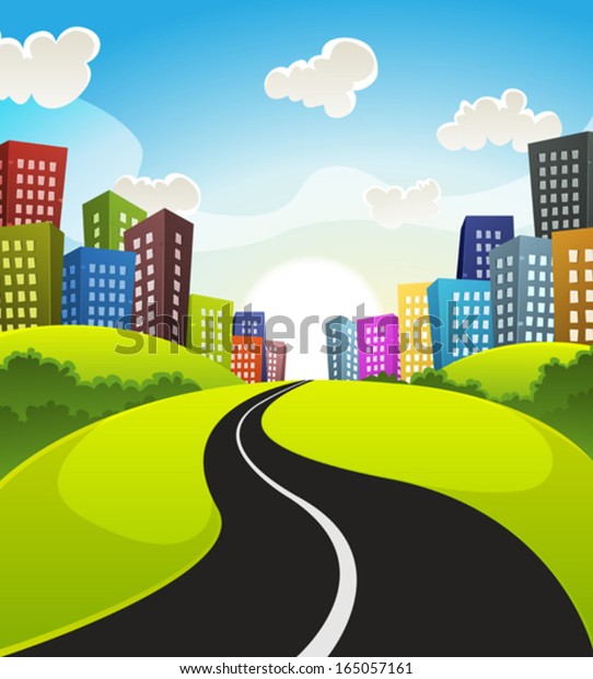 Downtown Cartoon Landscape Illustration Cartoon Road Stock Vector ...