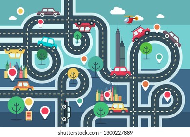 Downtown City Map with Pins and Cars on Road Vetor Flat Design Illustration