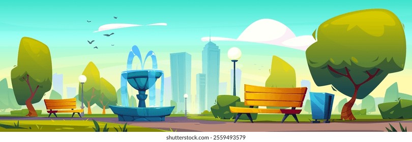 Downtown city park with green garden, tree and bench scene. Town street landscape with nature field, road, fountain and urban cityscape view. Central New York sidewalk on sunny day illustration