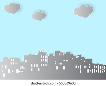Downtown cityscape with cloud. Paper art style.