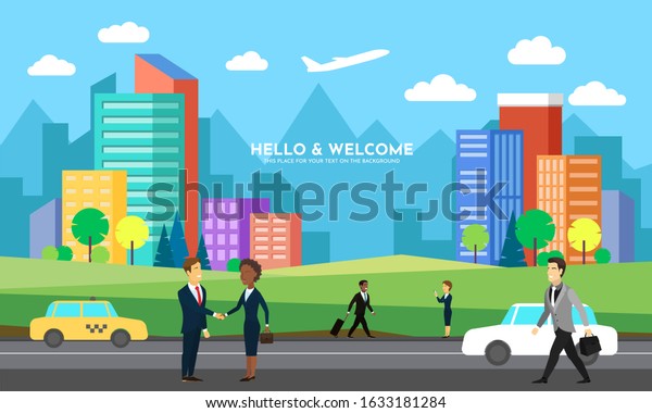Downtown. Cityscape. Urban background of business\
city. Meeting and traveling people in suits. Flat design\
illustration. Vector landscape in simple minimal geometric style.\
Buildings, mountains,\
tree