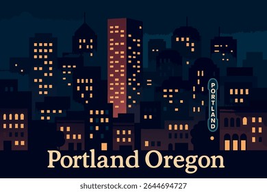 O centro de Portland ganha vida à noite com luzes vibrantes da cidade e uma atmosfera animada, oferecendo uma bela paisagem urbana repleta de arquitetura moderna e charme noturno