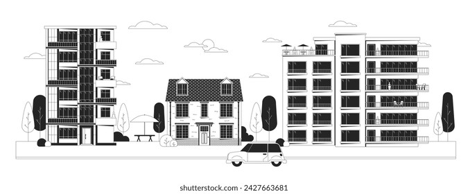 Downtown condominiums black and white cartoon flat illustration. Condos house. Car riding street. Front building exterior 2D lineart object isolated. Real estate monochrome scene vector outline image