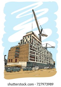 Downtown construction sites. Town real estate idea flyer illustration. Cityscape sketch. Architecture new building condo construction. Vector.