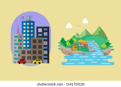 downtown and countryside flat style vector illustration