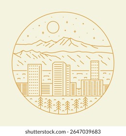 Downtown Denver skyscrapers and the long peak rocky mountain on the behind it mono line illustration for t shirt badge and outdoor