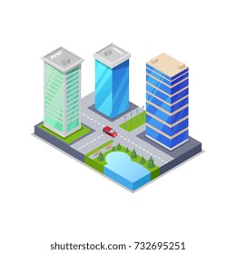 Downtown district isometric 3D icon. Skyscrapers, apartment, office, houses and streets objects. Low poly buildings vector illustration.