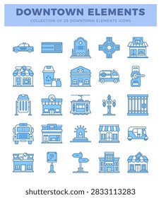 Downtown elements collection of 25 icons taxi. parking meter. shops. ambulance. jail.