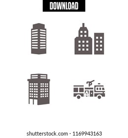 downtown icon. 4 downtown vector set. building, urban building, fire truck and building tower icons for web and design about downtown theme
