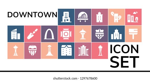  downtown icon set. 19 filled downtown icons. Simple modern icons about  - Skyscraper, Building, Space needle, Valencia, Apartments, Scraper, Gateway arch, Scenic Illumination