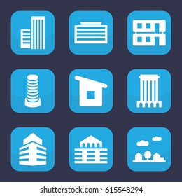 Downtown icon. set of 9 filled downtown icons such as business center building, house building, building