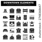 Downtown icons buildings. street elements. transport. cityscape.
