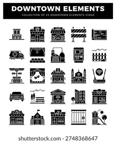 Downtown icons buildings. street elements. transport. cityscape.