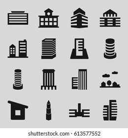 Downtown icons set. set of 16 downtown filled icons such as business center building, house building, building