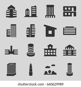 Downtown icons set. set of 16 downtown filled icons such as business center building, house building