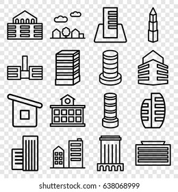 Downtown icons set. set of 16 downtown outline icons such as business center building, house builidng, building, builidng
