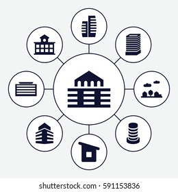 downtown icons set. Set of 9 downtown filled icons such as business center building, house building, building