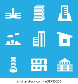 downtown icons set. Set of 9 downtown filled icons such as business center building, house building, building