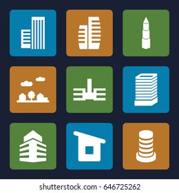 Downtown icons set. set of 9 downtown filled icons such as business center building, house building, building