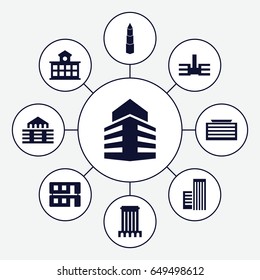 Downtown icons set. set of 9 downtown filled icons such as business center building, house building