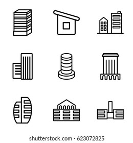 Downtown icons set. set of 9 downtown outline icons such as business center building, house builidng, builidng