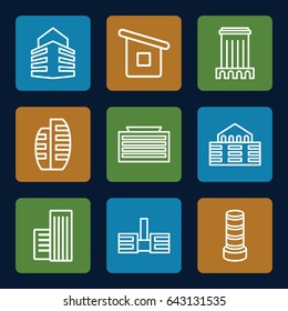 Downtown icons set. set of 9 downtown outline icons such as business center building, house builidng, building