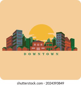 paisaje centro ciudad ilustración vector rascacielos vintage casa de construcción