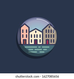 Downtown landscape flat icon. Round colorful button, Cityscape buildings circular vector sign. Flat style design