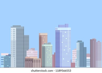 Downtown landscape with high skyscrapers. Panorama architecture. Urban life vector illustration.