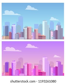 Downtown landscape set with high skyscrapers. Panorama architecture. Two urban life vector illustrations.