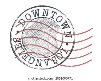 Downtown Los Angeles, Los Angeles, CA, USA Stamp Map Postal. Silhouette Seal Roads and Streets. Passport Round Design. Vector Icon. Design Retro Travel National Symbol.