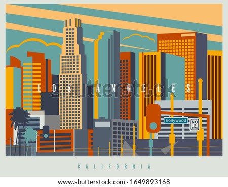 Downtown Los Angeles in vector. Cityscape of LA in retro style colors and stylization, vintage design illustration. California, USA