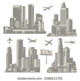 Downtown metropolis set stickers monochrome with planes flying over skyscrapers in business center of city vector illustration