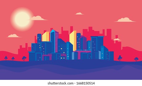 Downtown with Nature landscape. Red and purple scene landscape, modern, stylish, simple and elegant for background 