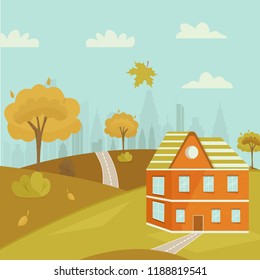Downtown panoramic view with nice house. Autumn day. Vertical banner. Cartoon illustration