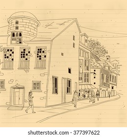 downtown, paper texture based on the urban sketch