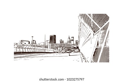 Downtown road with building view of Atlanta City in Georgia, USA. Hand drawn sketch illustration in vector.