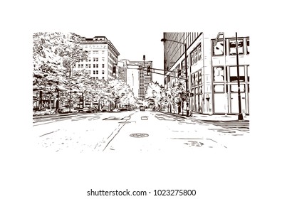 Downtown road with building view of Atlanta City in Georgia, USA. Hand drawn sketch illustration in vector.