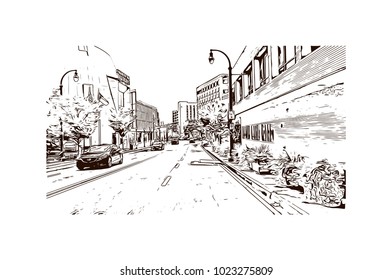Downtown road with building view of Atlanta City in Georgia, USA. Hand drawn sketch illustration in vector.